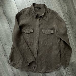 Massimo Dutti Olive Green Linen Button-Down Shirt (US L)